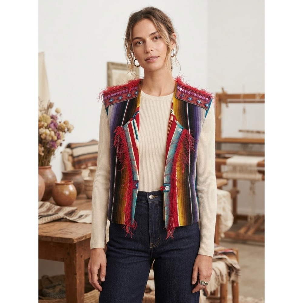 Splendid Accents Santa Fe Vintage Wool Vest Patricia Brown Embroidered Fringe